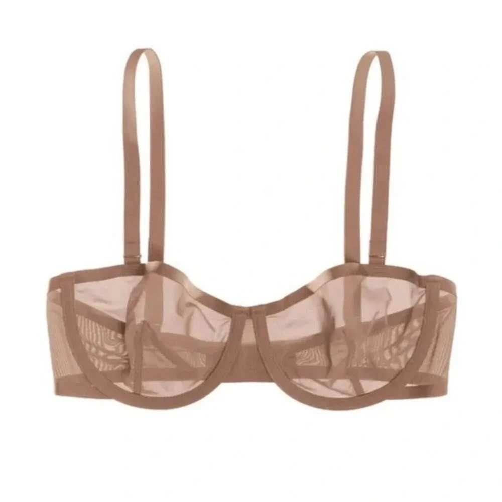 CUUP The Balconette Mesh‎ Bra Size 30E Taupe Tan Underwire Sheer MinimalistNEW